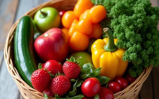 Coș colorat cu ingrediente proaspete de sezon, legume și fructe