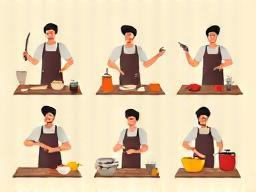 Ilustrație cu tehnici fundamentale de gătit, cum ar fi tăierea legumelor sau frământarea aluatului