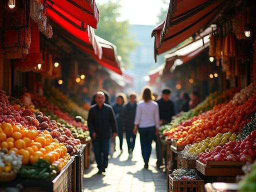 Scenă vibrantă dintr-o piață locală din Oradea, cu tarabe pline de produse proaspete, parte a turului culinar Ukta-lota