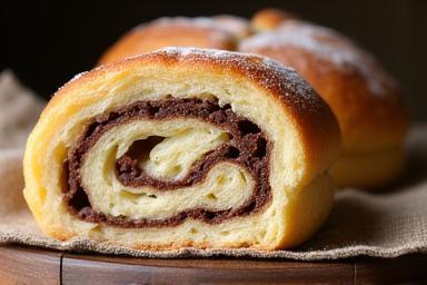 Cozonac pufos și aromat, proaspăt scos din cuptor, cu umplutură de nucă și cacao